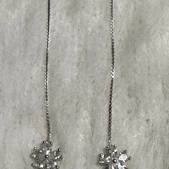 925 Silver Glamorous CZ Flower Drop Thread Earrings - Picture 5 of 15